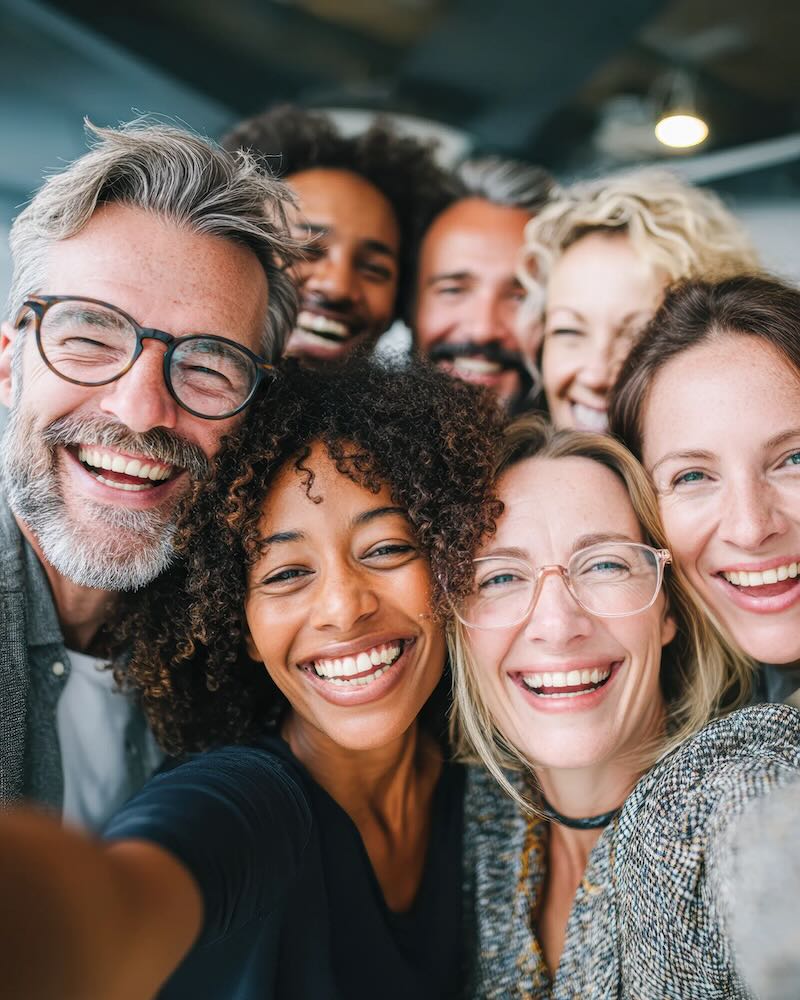 Group of diverse people smiling looking at a camera